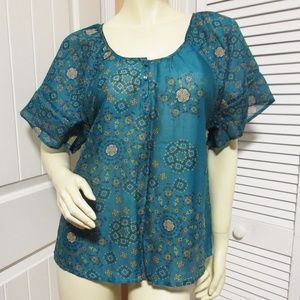 New Sonoma Women's Boho Peasant Blouse Sheer Top Teal Blue Cottagecore Bohemian